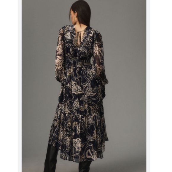 NEW Printer Johnson Long-Sleeve V-Neck Textured Midi Dress - Picture 2 of 9